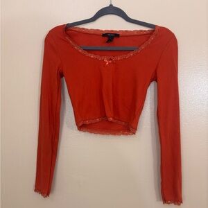 Forever 21 Red Long Sleeve Fitted Crop Blouse